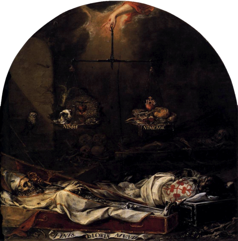 Ein Ölgemälde aus dem 17. Jahrhundert, im Vordergrung ein Skelett mit Papstkleidung