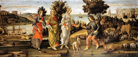 Gemälde Sandro Botticellis, das drei Frauen und einen Mann, der einen goldenen Apfel in der Hand hält, zeigt