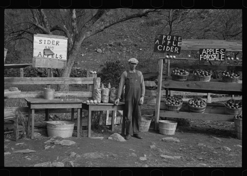 sw-Foto: Ein Mann an eine Apfel-Verkaufstand; Arthur Rothstein, Library of Congress, LC DIG fsa 8a07722