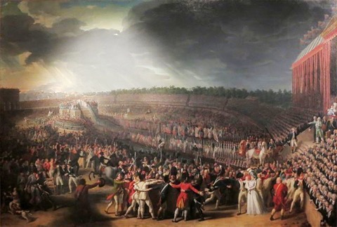 Historisches Gemälde, das eine riesige Menschenmenge auf feiern einem großen Platz zeigt