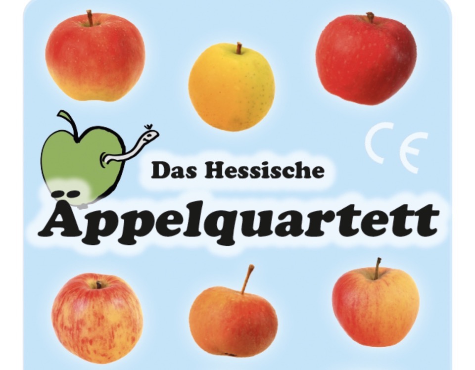 Äpfel und die Aufschrift Das Hessische Äppelquartett, Ausschnitt aus einem Deckblatt eines Quartettspiels