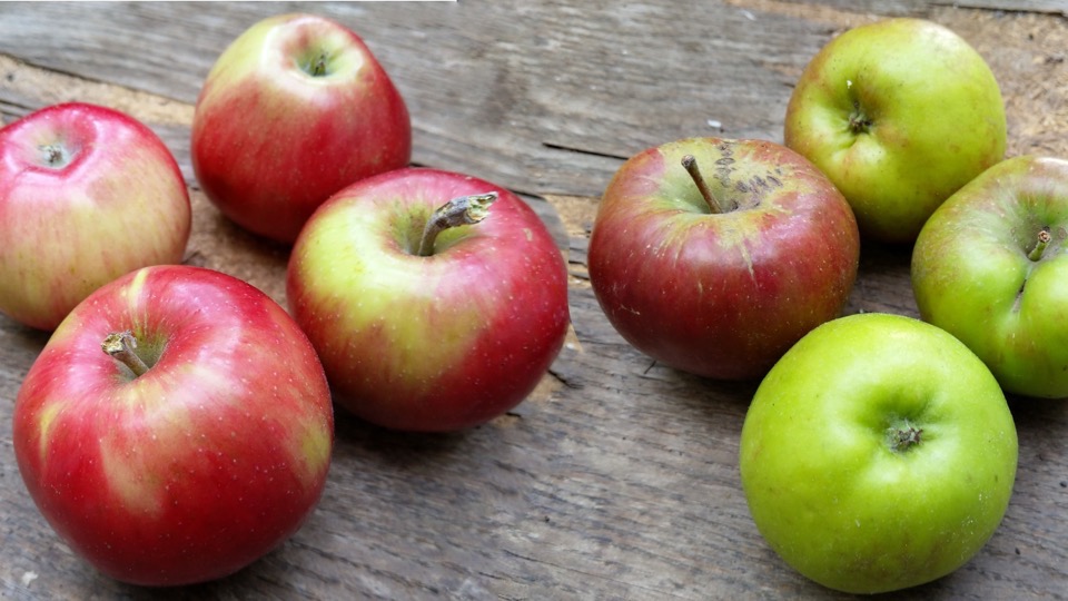 rote und grüne Äpfel liegen auf einem Holztisch
